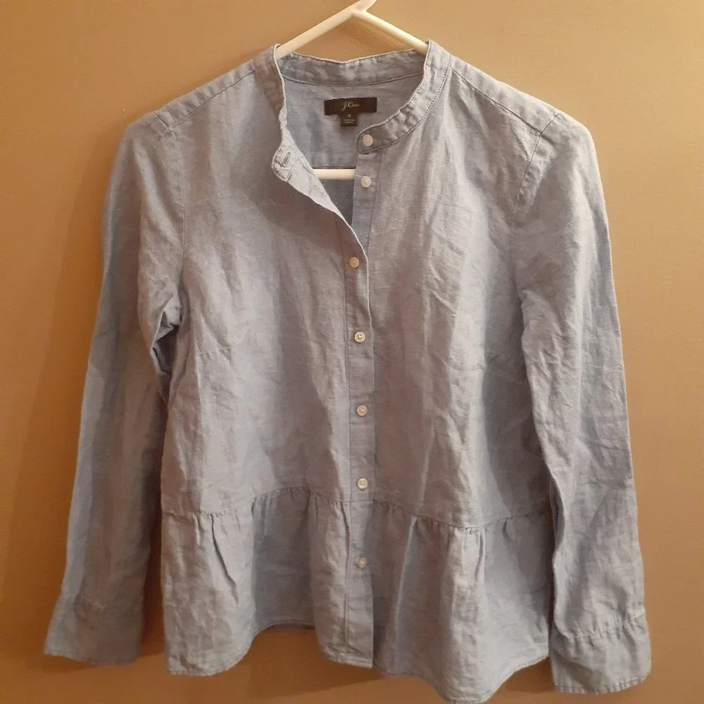 J. Crew Light Blue Button-Front Peplum Linen Blouse